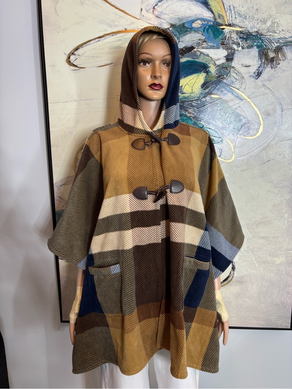 RACHEL Rachel Roy Hooded Plaid Poncho Sweater in Brown, Navy & Cream - Picture 7 of 15